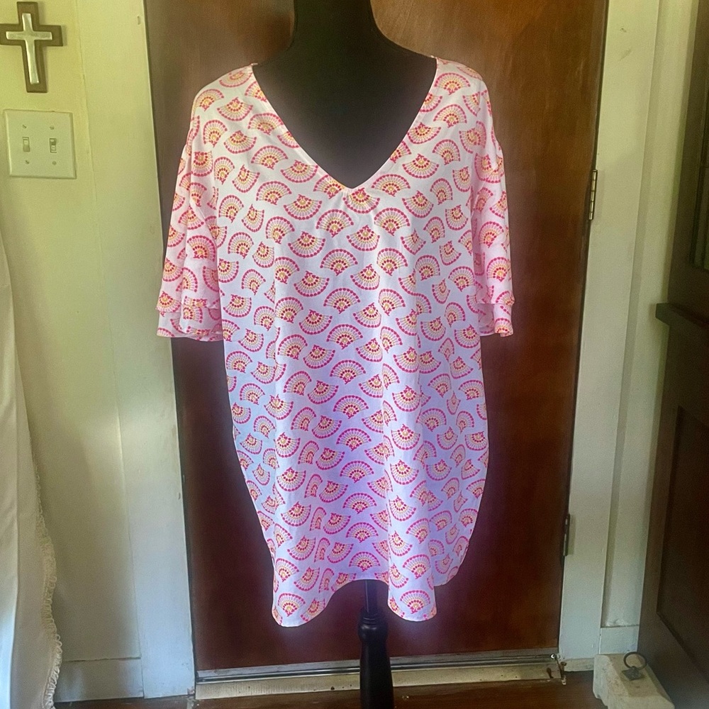 New Michelle McDowell Top w/ Loose Ruffled Sleeves White, Pink & Yellow Size XXL